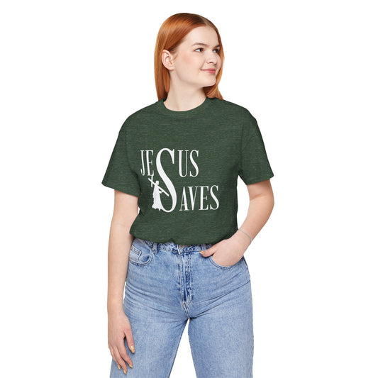 Jesus Saves Christian T-Shirt - Faith-Based Cross Design